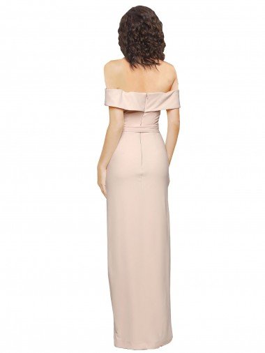 Affordable Off the Shoulder Long Formal Crepe Bridesmaid Dress / Prom Dress with Waist Tie and Slit UK