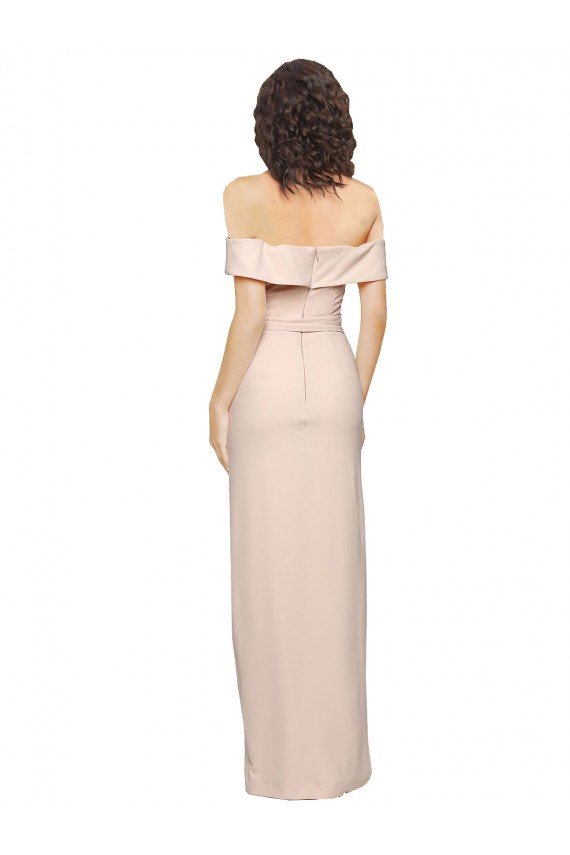 Affordable Off the Shoulder Long Formal Crepe Bridesmaid Dress / Prom Dress with Waist Tie and Slit UK