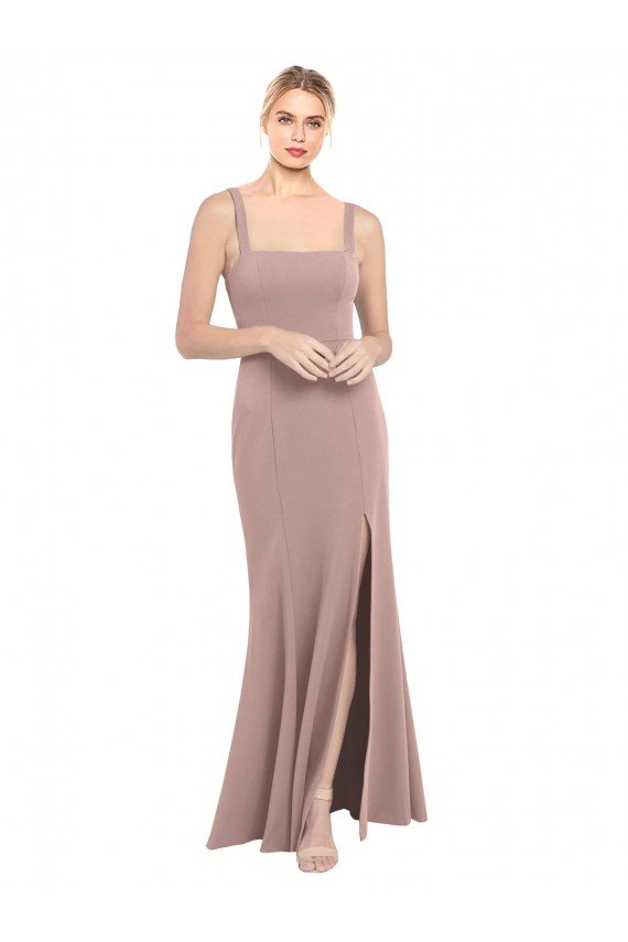 Affordable Square Neck Fit and Flare Long Stretch Crepe Bridesmaid Dress / Prom Dress with Side Slit UK