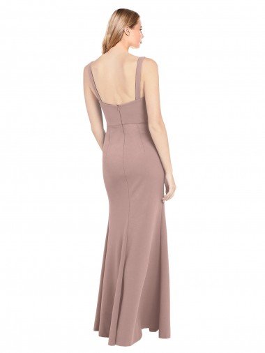 Affordable Square Neck Fit and Flare Long Stretch Crepe Bridesmaid Dress / Prom Dress with Side Slit UK