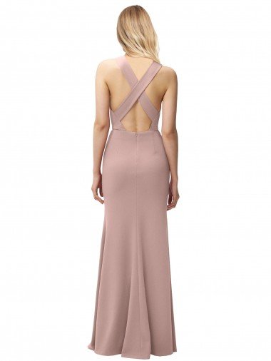 Affordable Long Floor Length High Neck Fit and Flare Stretch Crepe Bridesmaid Dress / Prom Dress with Side Slit UK