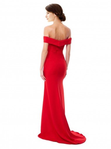 Affordable Off the Shoulder Chapel Train Formal Crepe Bridesmaid Dress / Prom Dress with Thigh-High slit UK