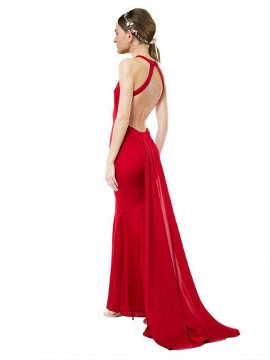 Affordable High Neck Mermaid Open Back Formal Crepe Maxi Bridesmaid Dress / Prom Dress with Train Detail UK