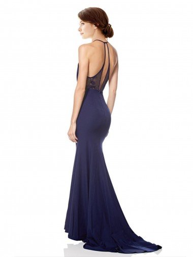 Affordable High Neck Fishtail Formal Crepe Bridesmaid Dress / Prom Dress with Open Back Detail UK