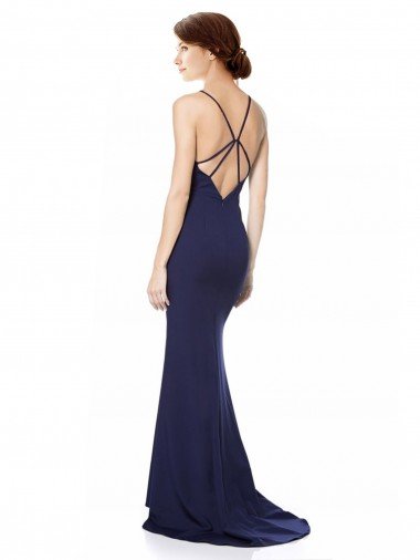 Affordable Fishtail High Neck Maxi Formal Crepe Bridesmiad Dress with Strappy Back Detail UK