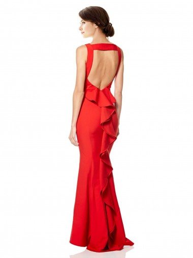 Affordable High Neck Maxi Formal Crepe Bridesmiad Dress with Exaggerated Back Ruffle UK