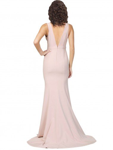Affordable Deep Plunging V-Neckline Full Length Formal Crepe Bridesmaid Dress / Prom Dress with Deep V-Backline UK