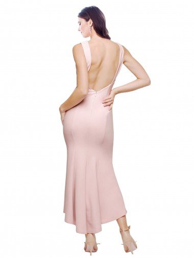 Affordable High Neck Low V-Back Cocktail Midi Length Formal Crepe Bridesmaid Dress / Prom Dress UK