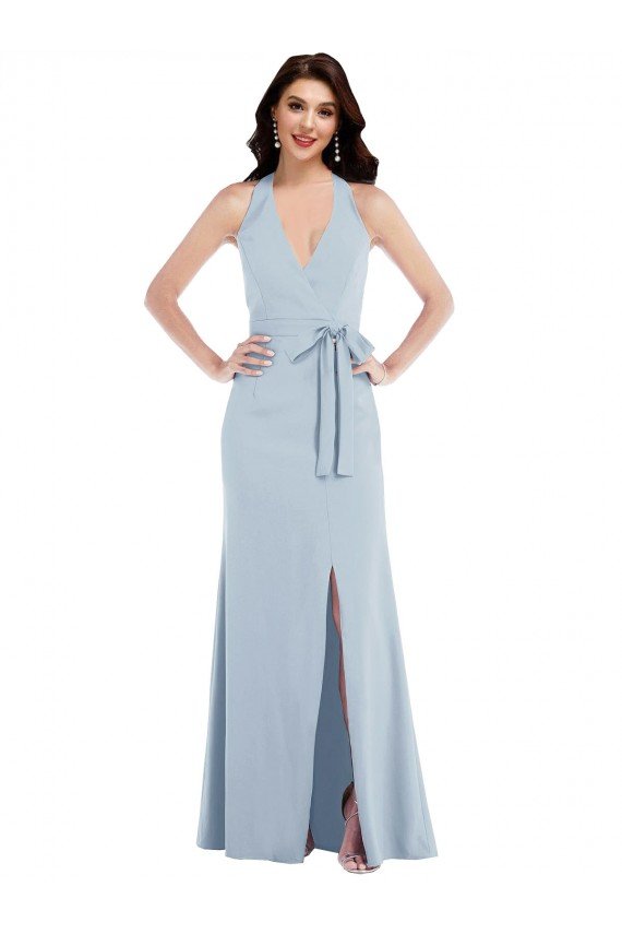 Affordable Open Back Halter Maxi Formal Crepe Bridesmaid Dress / Prom Dress with Draped Bow UK