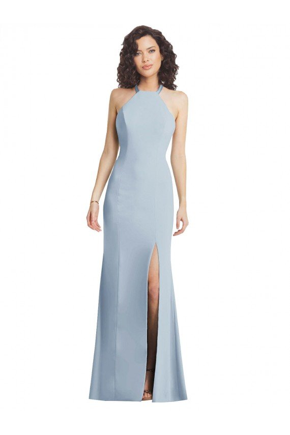 Affordable High Neck Halter Formal Crepe Bridesmaid Dress / Prom Dress with Twist Criss Cross Back UK