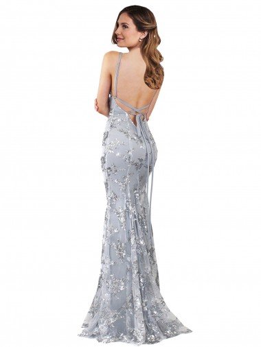Affordable Silver V-Neckline Backless Floral Patterned Sequin Formal Bridesmaid Dress / Prom Dress UK