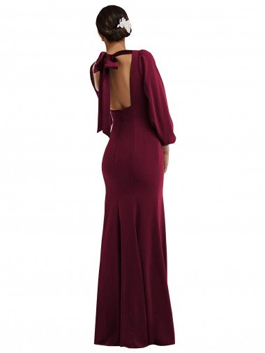Affordable Bishop Sleeve Open Back Trumpet Formal Crepe Bridesmaid Dress / Prom Dress with Scarf Tie UK