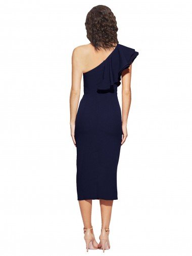 Affordable Ruched Midi Length Short Cocktail Formal Crepe Bridesmaid Dress / Prom Dress with Shoulder Ruffles UK