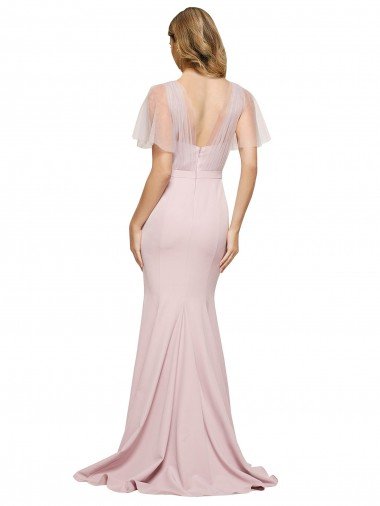 Affordable Crepe Long Sweetheart Neckline Formal Bridesmaid Dress / Prom Dress with Tulle Overlay Shoulders UK