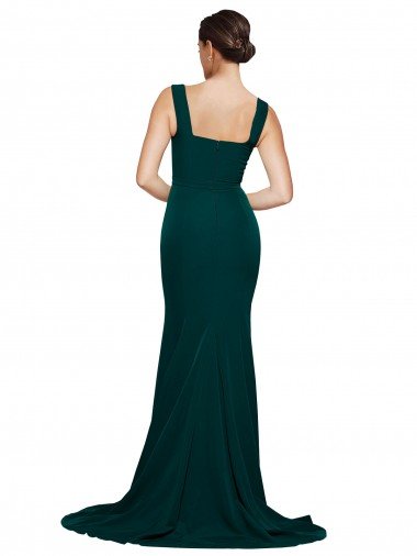 Affordable Fitted Square Neck Long Crepe Bridesmaid Dress / Prom Dress with Train and Side Split UK