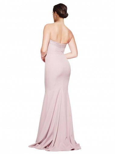 Affordable Straight Neck Long Strapless Formal Crepe Bridesmaid Dress / Prom Dress with Soft Tulle Overlay and Small Train UK