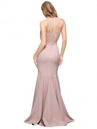 Affordable Long Sweetheart Formal Crepe Bridesmaid Dress / Prom Dress with High Neck Illusion Tulle Details UK
