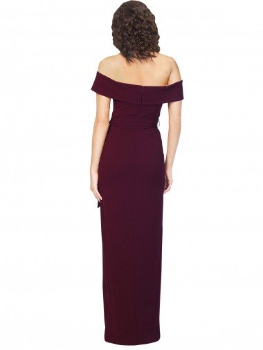 Affordable Fitted Full Length Off the Shoulder Formal Crepe Bridesmaid Dress / Prom Dress with Side Split and Waist Tie UK