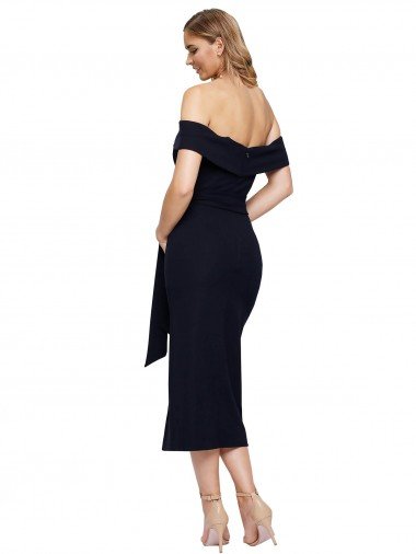 Affordable Fitted Short Cocktail Midi Length Off the Shoulder Formal Crepe Bridesmaid Dress / Prom Dress with Side Split and Waist Tie UK