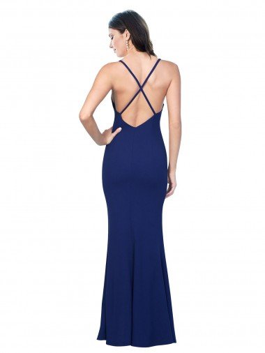 Affordable Full Length V-Neckline Formal Crepe Bridesmaid Dress / Prom Dress with Thin Straps and Fulted Skirt UK