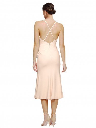Affordable Midi Cocktail Length V-Neckline Crepe Bridesmaid Dress / Prom Dress with Thin Straps and Fulted Skirt UK