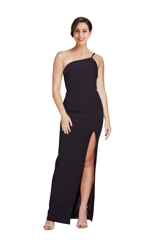 Affordable Long Floor Length Formal Crepe Bridesmaid Dress / Prom Dress with Side Split and One Strap UK
