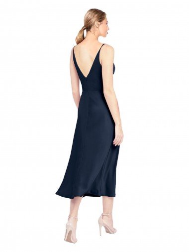 Affordable V-Neck Midi Length Short Cocktail Formal Stretch Satin Bridesmaid Dress / Prom Dress V-Back UK