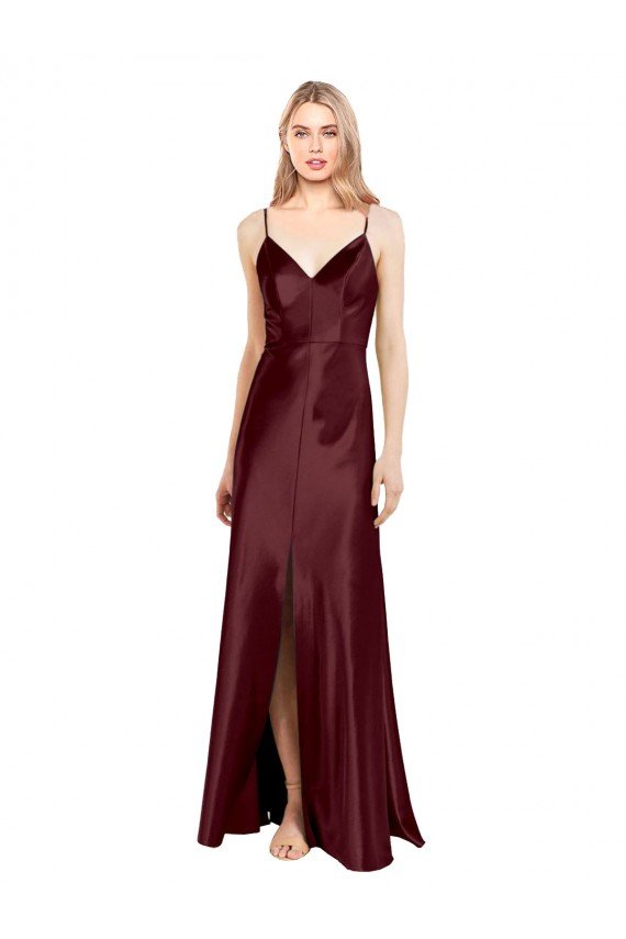 Affordable Sleek Spaghetti Straps V-Neck Formal Stretch Satin Bridesmaid Dress / Prom Dress with Center Front Slit UK