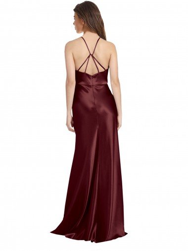 Affordable High Neck Halter Long Sleeveless Formal Stretch Satin Bridesmaid Dress / Prom Dress with Strappy Back UK