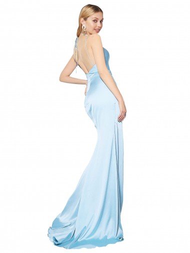 Affordable Double Straps V-Neck Sleeveless Formal Stretch Satin Bridesmaid Dress / Prom Dress with High Slit UK
