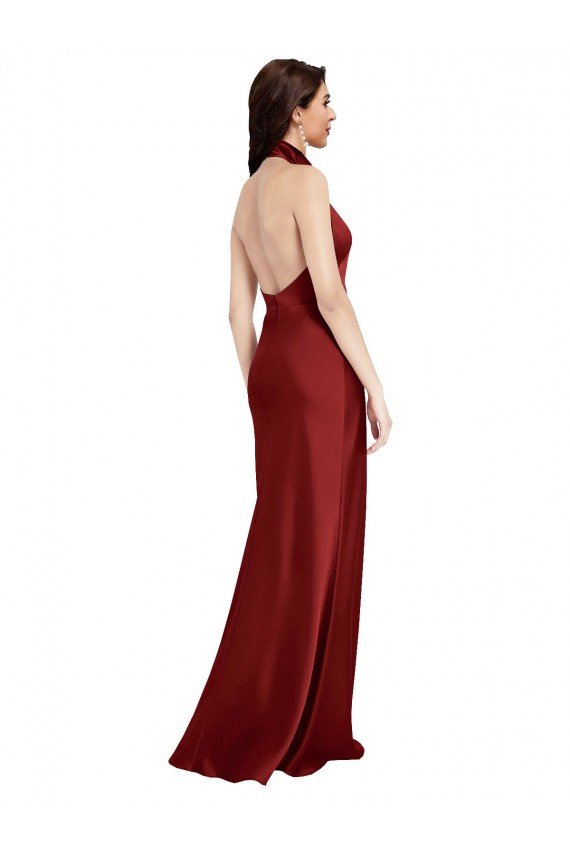 Affordable Backless Halter Long Formal Stretch Satin Bridesmaid Dress / Prom Dress UK