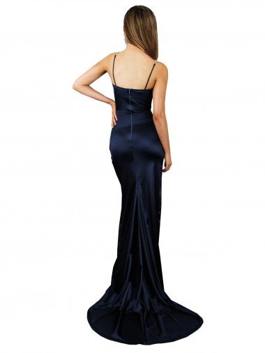 Affordable Pleated Sash Skirt Long Formal Stretch Satin Bridesmaid Dress / Prom Dress with High Slit UK