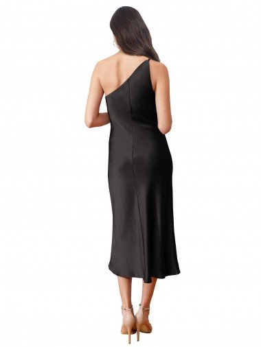 Affordable Sleek One Shoulder Midi Length Short Cocktail Formal Stretch Satin Slip Bridesmaid Dress / Prom Dress UK