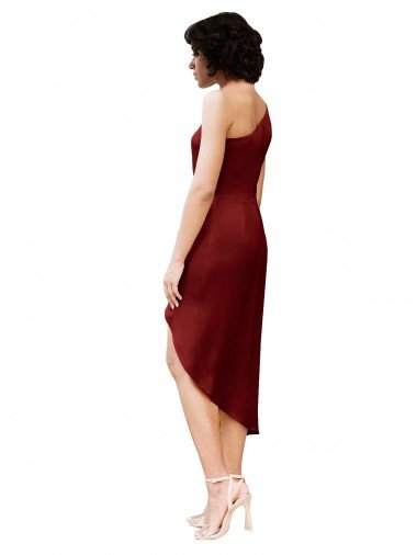 Affordable One Shoulder Cocktail Midi Length Short Formal Stretch Satin Wrap Style Bridesmaid Dress / Prom Dress UK