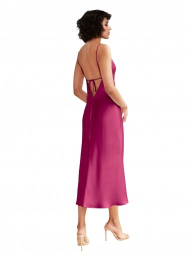 Affordable Midi Length V-Neck Short Formal Stretch Satin Bridesmaid Dress / Cocktail Prom Dress with Low Scoop Back UK