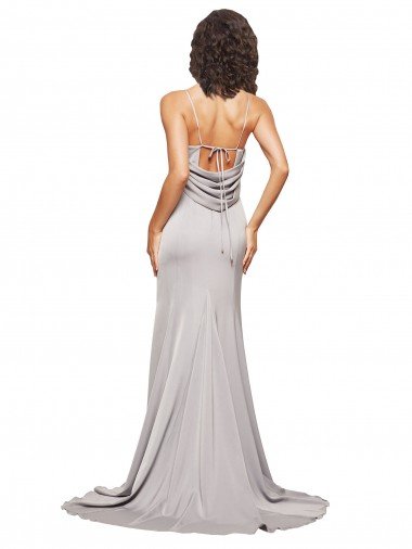 Affordable High Neck Low Back Long Full Length Formal Stretch Satin Bridesmaid Dress / Prom Dress UK