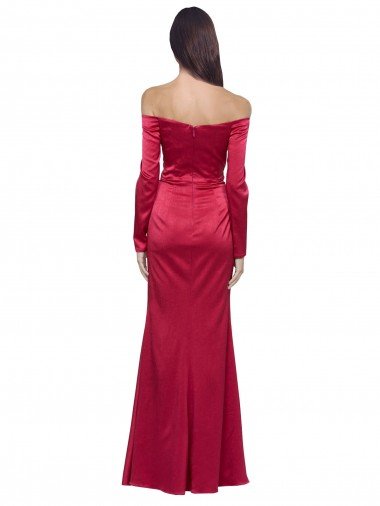 Affordable Long Sleeves Off the Shoulder Formal Stretch Satin Bridesmaid Dress / Prom Dress with High Side Split UK