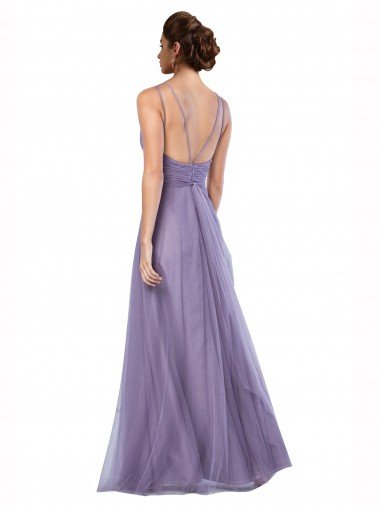 Affordable Flowy A-Line Tulle Bridesmaid Dress with Double Straps and V-Neck UK