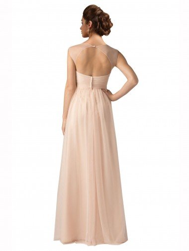 Affordable Illusion Sleeves Tulle Bridesmaid Dress with Shirred Bodice and Sweetheart Neckline UK