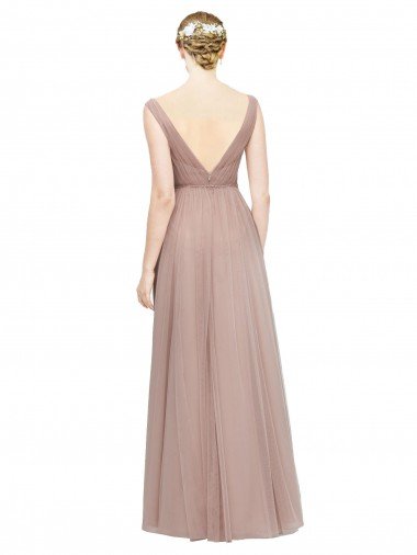 Affordable Full Length Draped Long V-Neck Tulle Bridesmaid Dress UK
