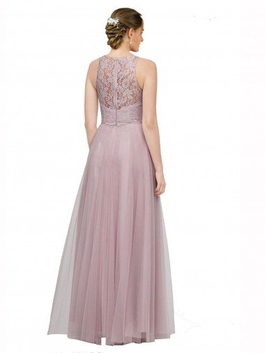 Affordable High Neck Long Tulle Bridesmaid Dress with Lace Bodice UK