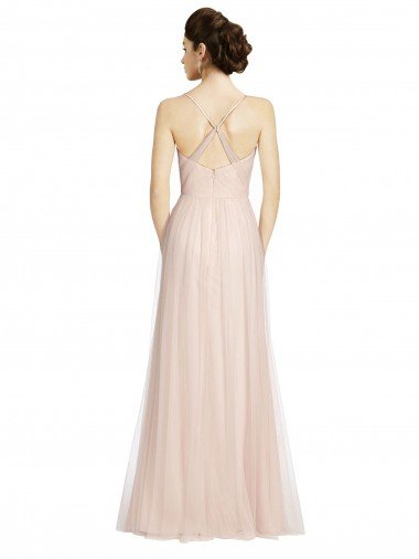 Affordable Long Draped Back A-Line Tulle Bridesmaid Dress with Pleated Bodice UK