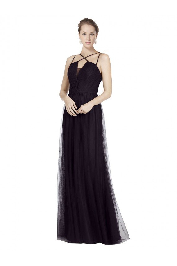 Affordable High Neck Long A-Line Tulle Bridesmaid Dress UK