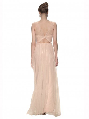 Affordable Long Tulle Bridesmaid Dress with Illusion Neck UK