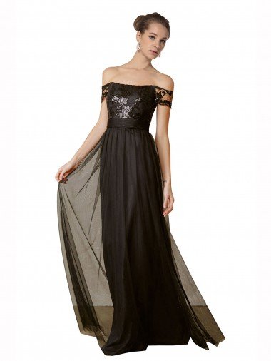 Affordable Off The Shoulder Sequined Lace Tulle Bridesmaid Dress UK