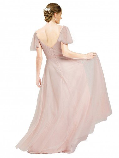 Affordable Long V-Neck Flutter Sleeves Tulle Bridesmaid Dress UK