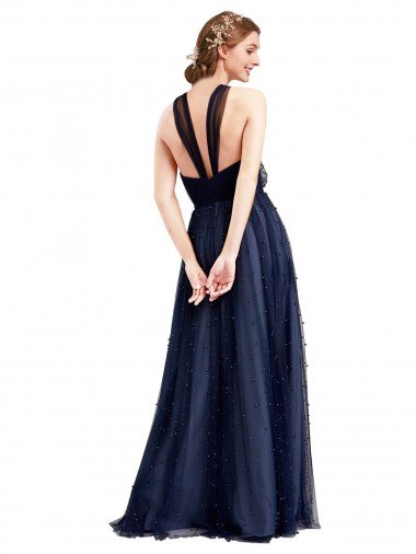 Affordable Floor Length Long Halter Pleated Tulle Bridesmaid Dress UK