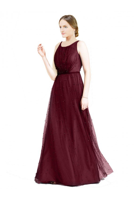 Affordable Sleeveless Boat Neck Long Pearl Tulle Bridesmaid Dress with Keyhole Back UK