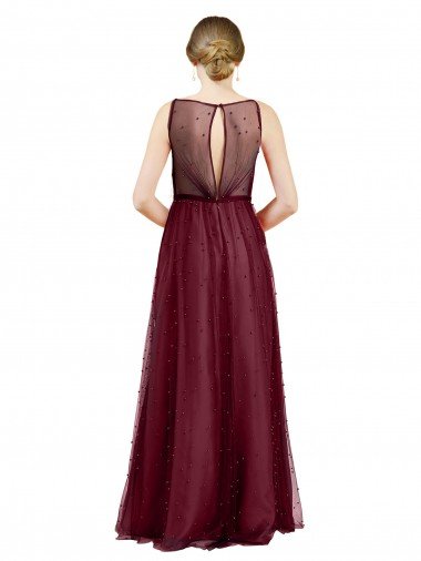 Affordable Sleeveless Boat Neck Long Pearl Tulle Bridesmaid Dress with Keyhole Back UK