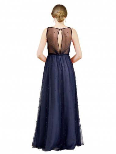 Affordable Sleeveless Boat Neck Long Pearl Tulle Bridesmaid Dress with Keyhole Back UK
